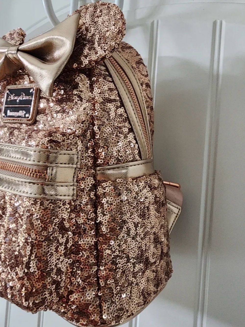 Loungefly Rose Gold Sequin Mini Backpack with Metallic Bow